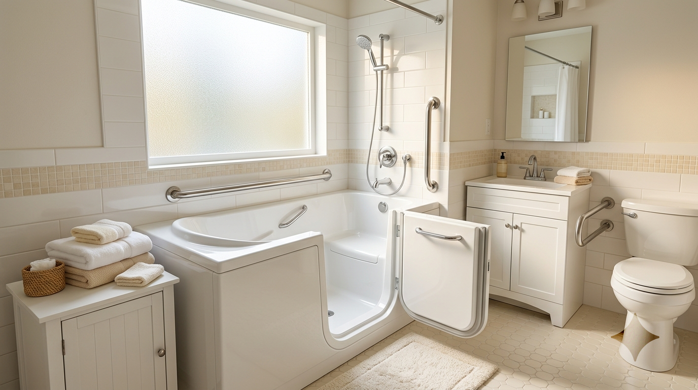 Modern walk-in tub with low-threshold door in a bright accessible senior bathroom