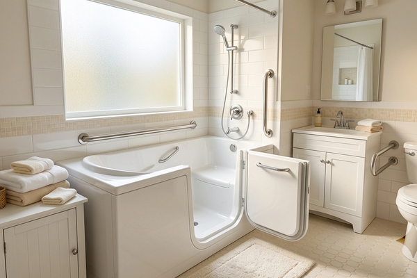 Modern walk-in tub with low-threshold door in a bright accessible senior bathroom
