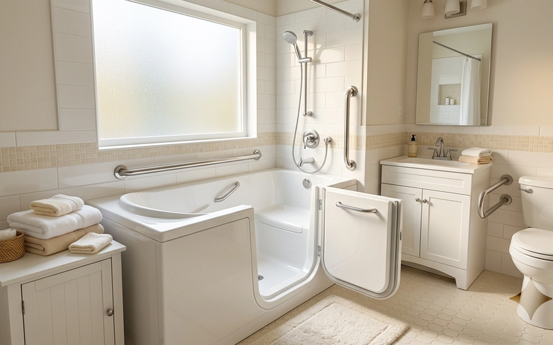 Modern walk-in tub with low-threshold door in a bright accessible senior bathroom