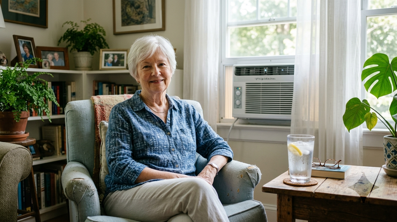 An older woman stays cool and comfortable at home on a hot summer day.