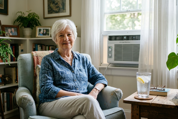 An older woman stays cool and comfortable at home on a hot summer day.