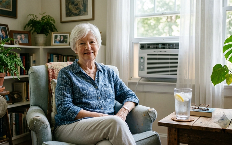 An older woman stays cool and comfortable at home on a hot summer day.