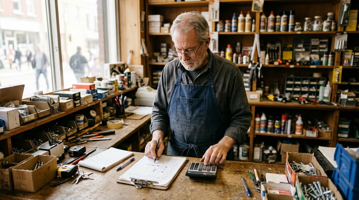 An older man in an apron working behind the counter of a small shop, reviewing a work schedule.
