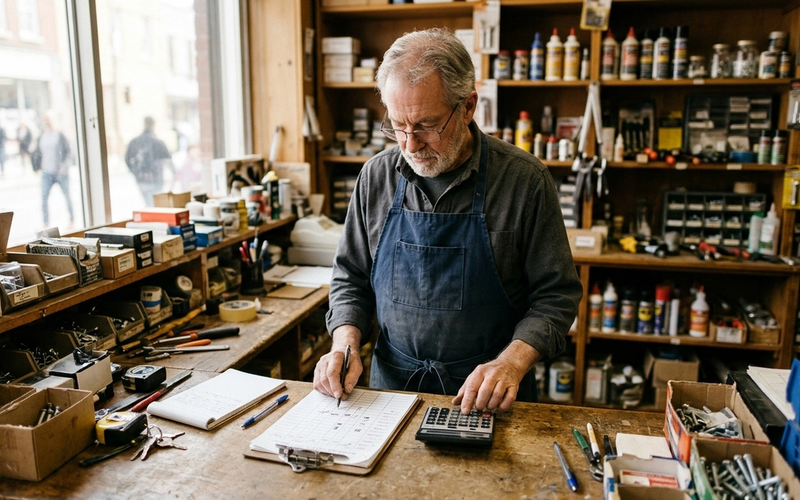 An older man in an apron working behind the counter of a small shop, reviewing a work schedule.