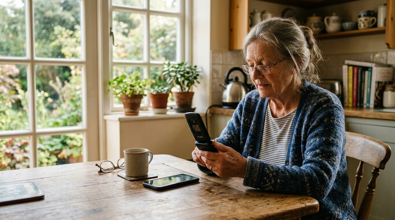 An older woman holding a flip phone beside a smartphone on a kitchen table.