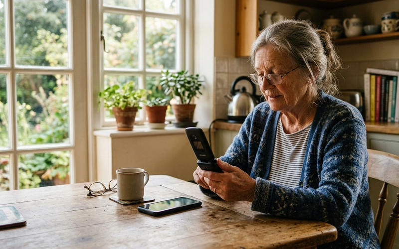 An older woman holding a flip phone beside a smartphone on a kitchen table.