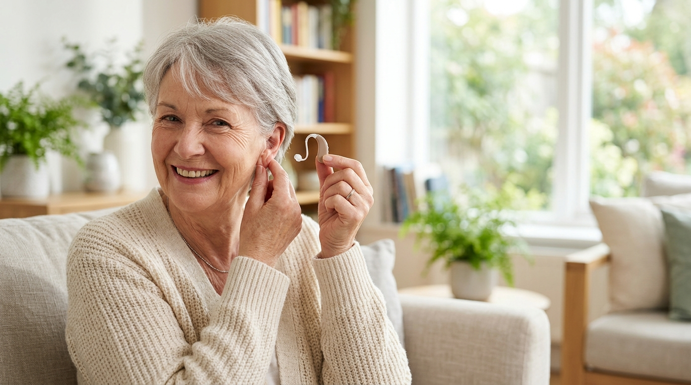 A smiling senior woman holding a small behind-the-ear hearing aid in a bright living room.