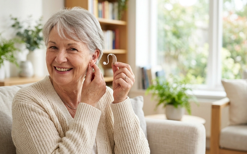 A smiling senior woman holding a small behind-the-ear hearing aid in a bright living room.