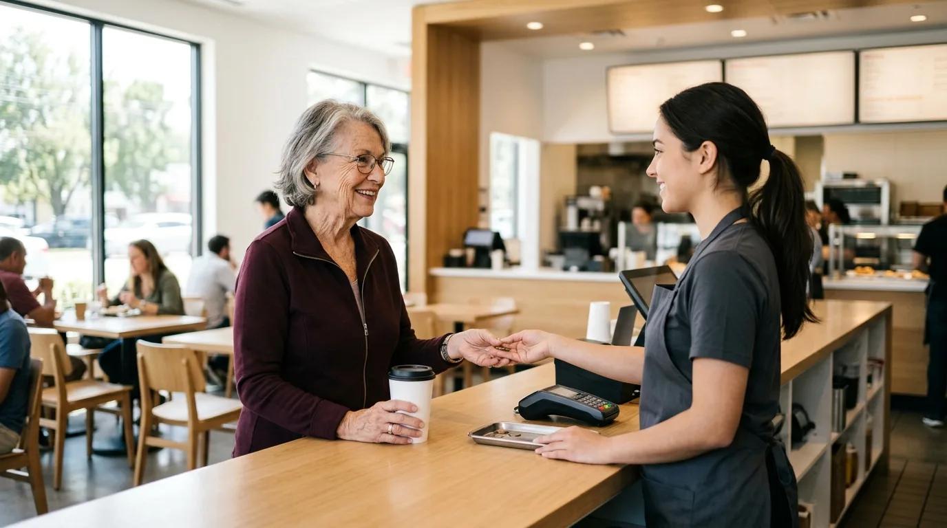 An older woman collecting change at the counter of a bright quick-service restaurant, a coffee cup in her other hand.