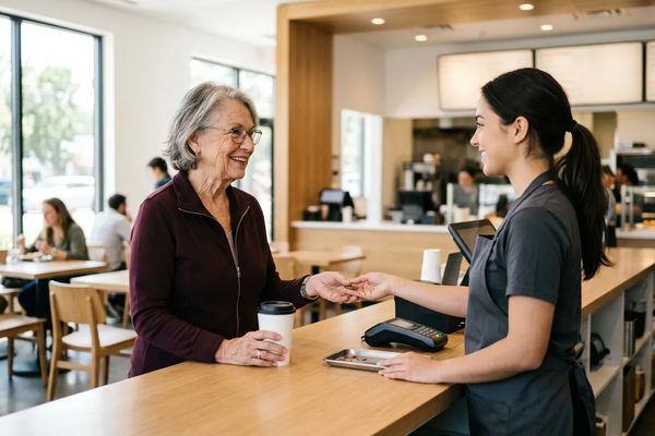 An older woman collecting change at the counter of a bright quick-service restaurant, a coffee cup in her other hand.