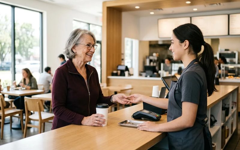 An older woman collecting change at the counter of a bright quick-service restaurant, a coffee cup in her other hand.