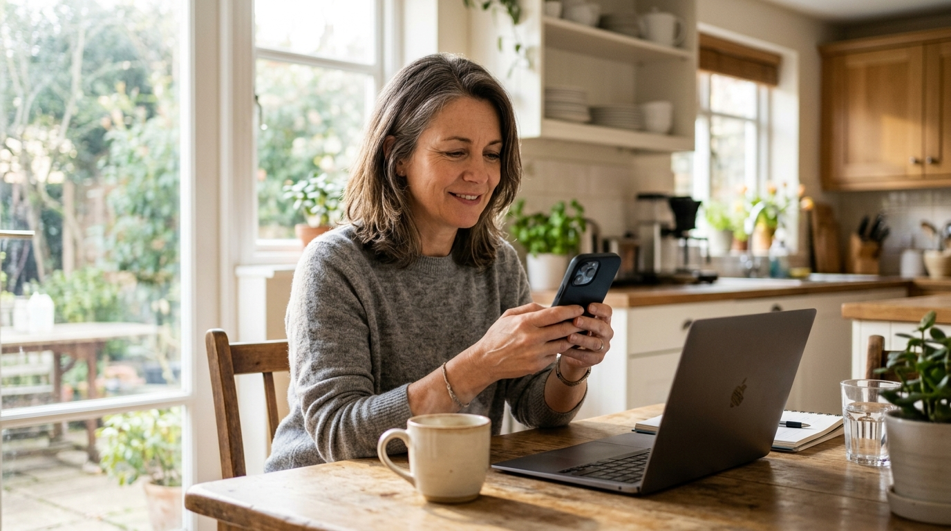 An adult daughter at a kitchen table checking a caregiving app on her phone to keep an eye on an aging parent.