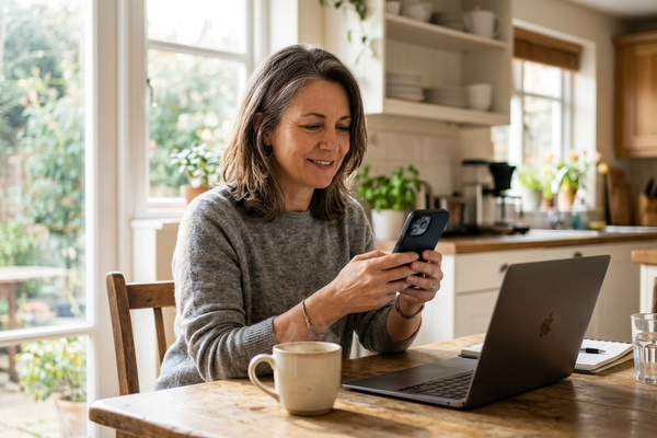 An adult daughter at a kitchen table checking a caregiving app on her phone to keep an eye on an aging parent.