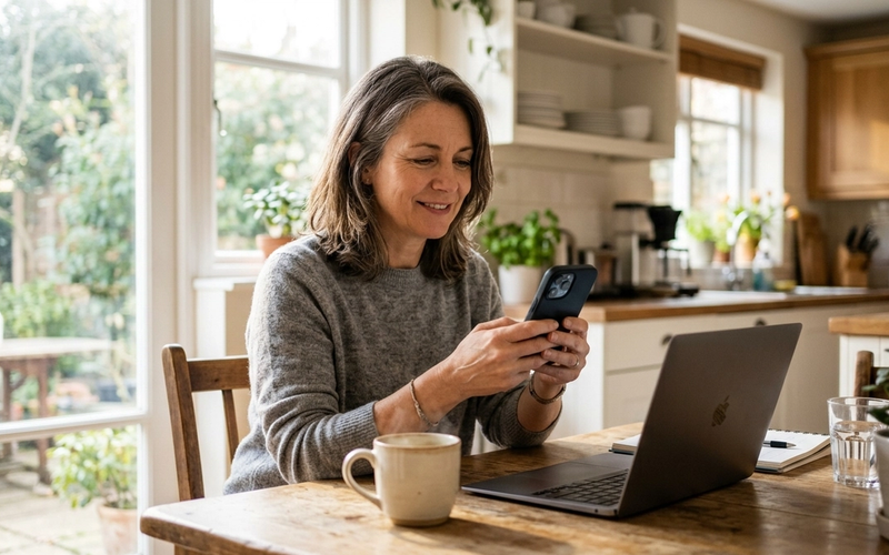 An adult daughter at a kitchen table checking a caregiving app on her phone to keep an eye on an aging parent.