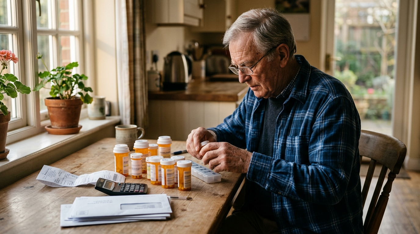 An older man at home sorting prescription bottles beside a pharmacy receipt and a monthly bill.