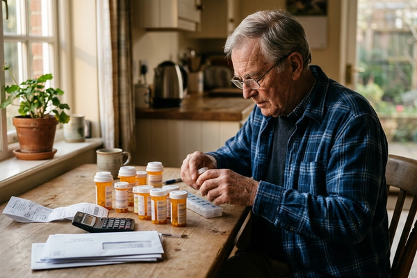 An older man at home sorting prescription bottles beside a pharmacy receipt and a monthly bill.