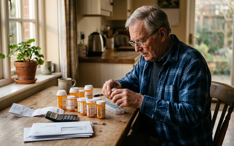 An older man at home sorting prescription bottles beside a pharmacy receipt and a monthly bill.