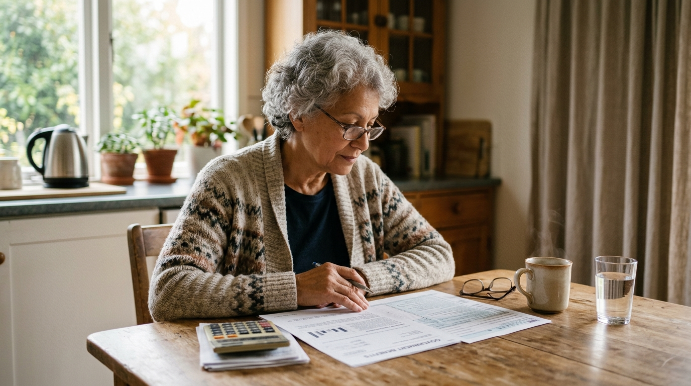 A retired teacher at a kitchen table reviewing a Social Security benefits letter and an SSA-1099 tax form.