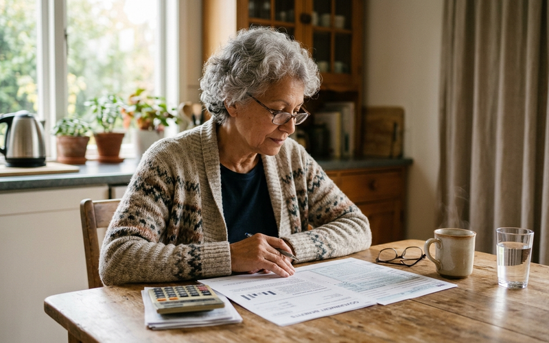 A retired teacher at a kitchen table reviewing a Social Security benefits letter and an SSA-1099 tax form.