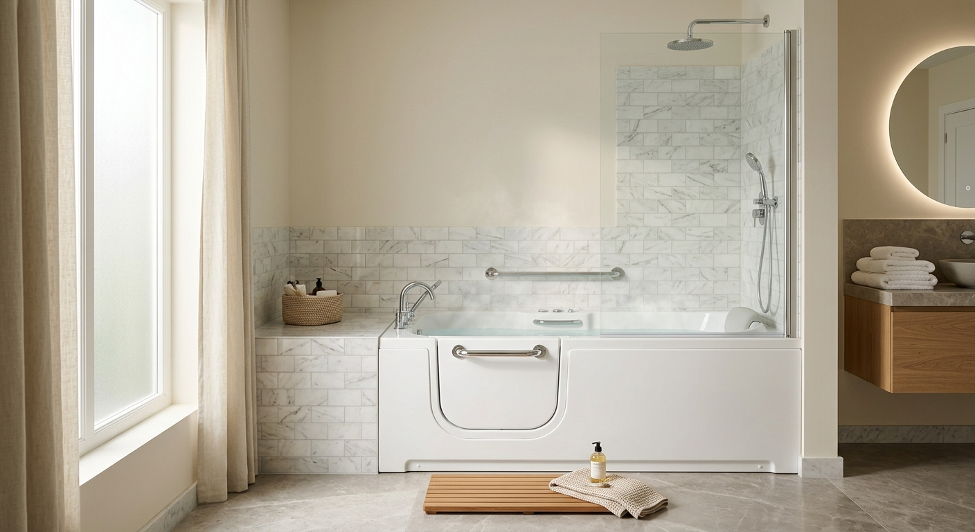 Walk-in bathtub with side door and grab bars in a modern accessible bathroom