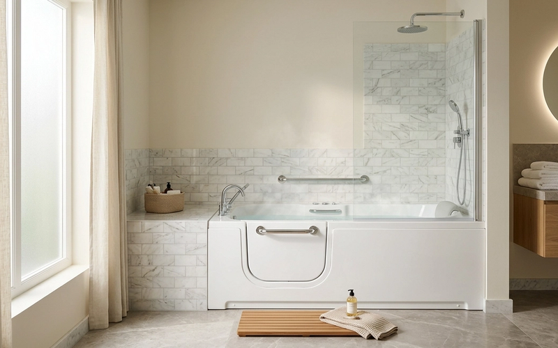 Walk-in bathtub with side door and grab bars in a modern accessible bathroom