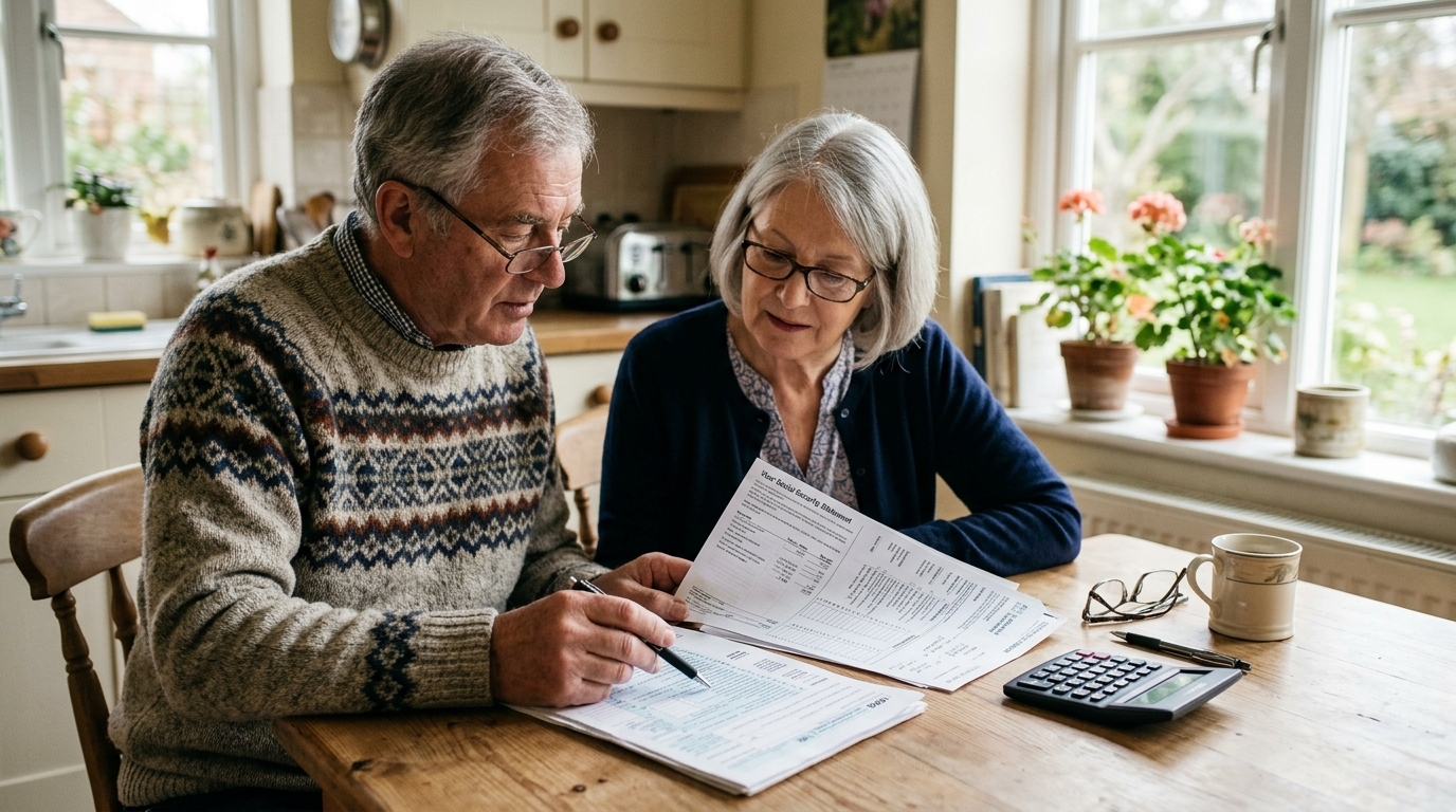 An older couple at home reviewing a tax form and Social Security statement together at a table.