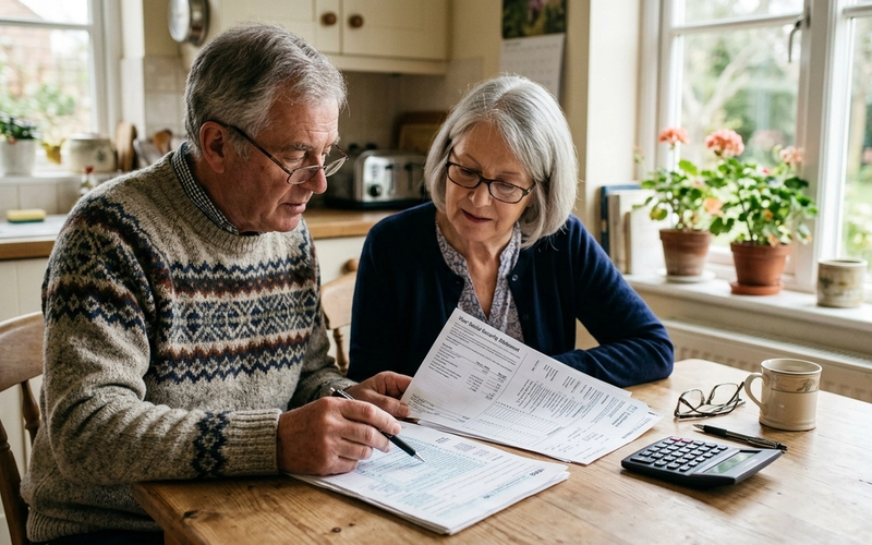 An older couple at home reviewing a tax form and Social Security statement together at a table.
