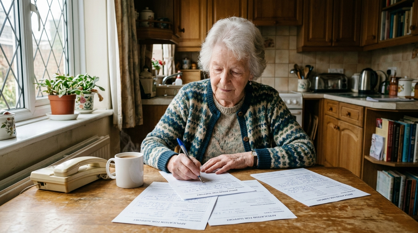 An older woman at her kitchen table filling in benefit application forms, a pen in hand and a phone beside her.