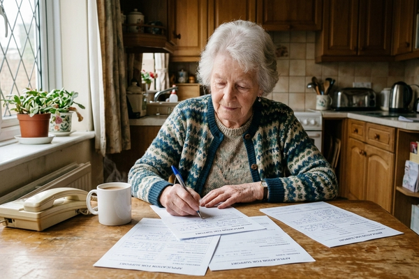 An older woman at her kitchen table filling in benefit application forms, a pen in hand and a phone beside her.