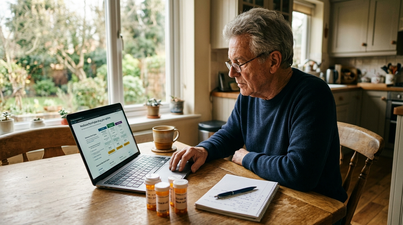 An older man at his kitchen table comparing Medicare drug plan options on a laptop, with prescription bottles and a notebook beside him.