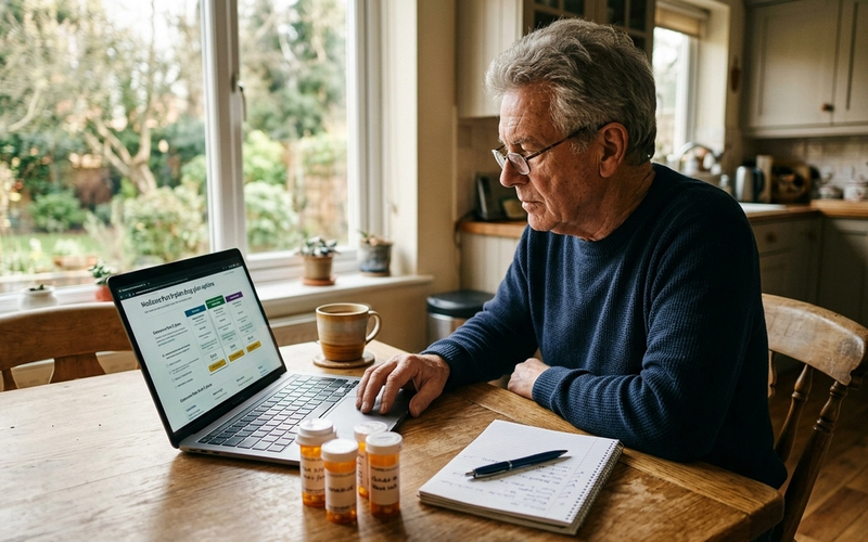 An older man at his kitchen table comparing Medicare drug plan options on a laptop, with prescription bottles and a notebook beside him.