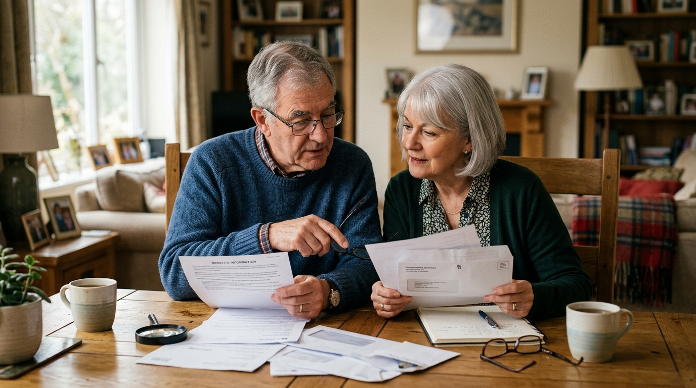 An older couple at home reviewing government benefits mail and paperwork together at a table.