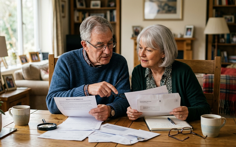 An older couple at home reviewing government benefits mail and paperwork together at a table.