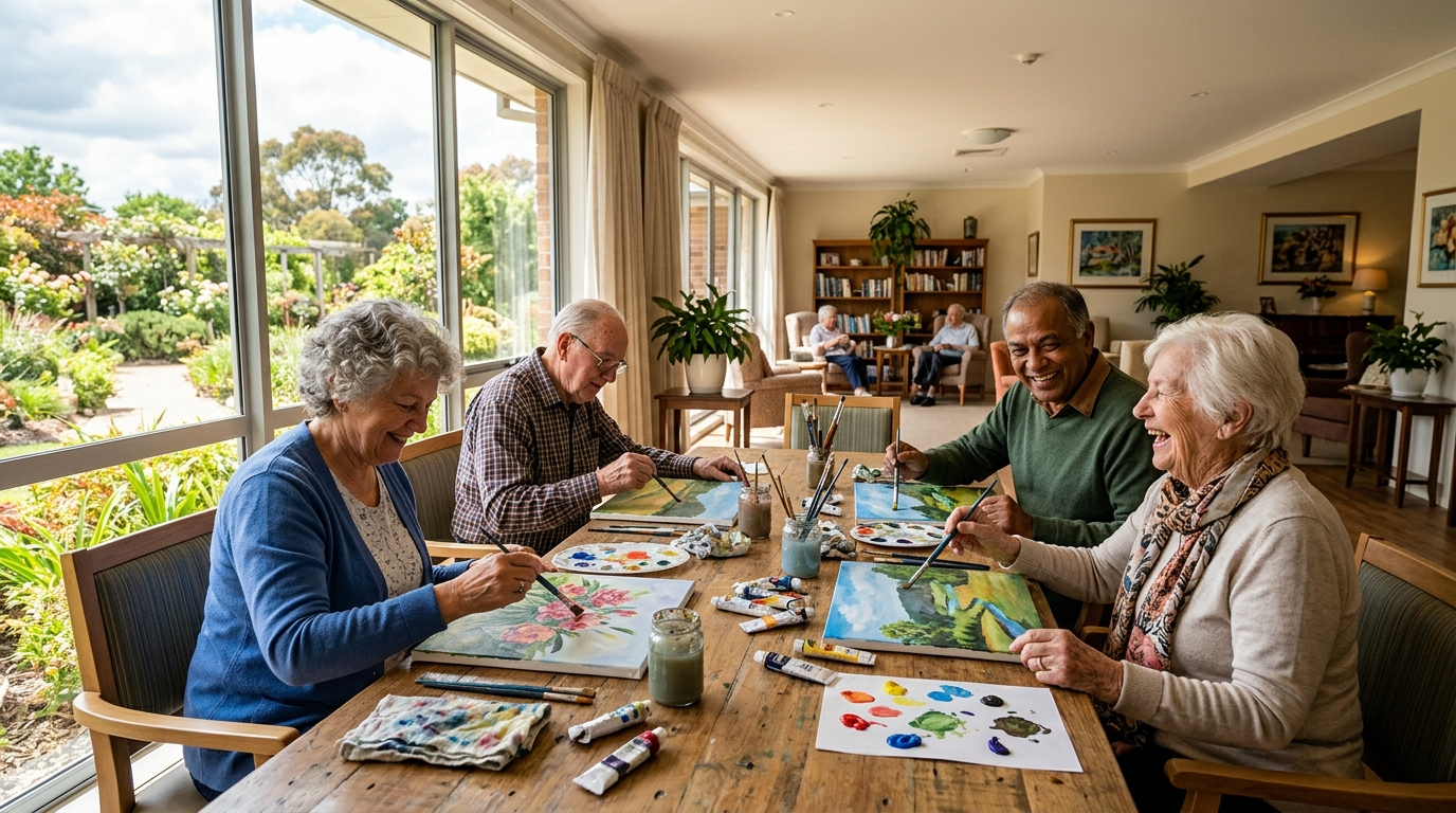 Four older adults painting together at a table in a bright assisted living common room.