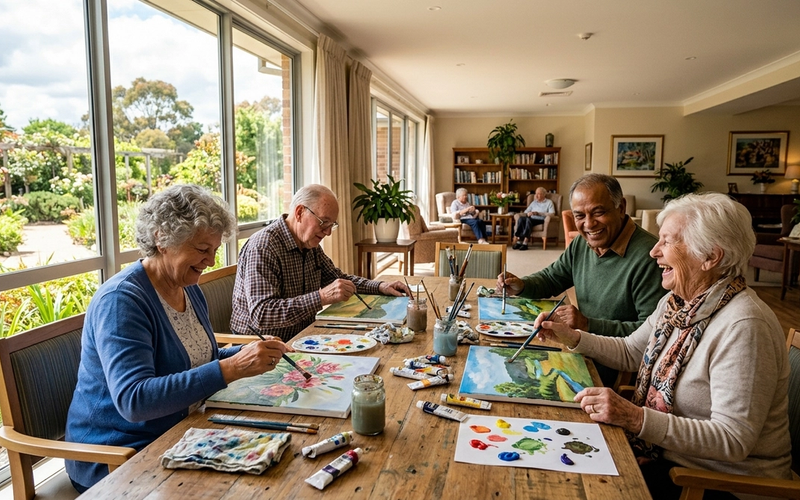 Four older adults painting together at a table in a bright assisted living common room.