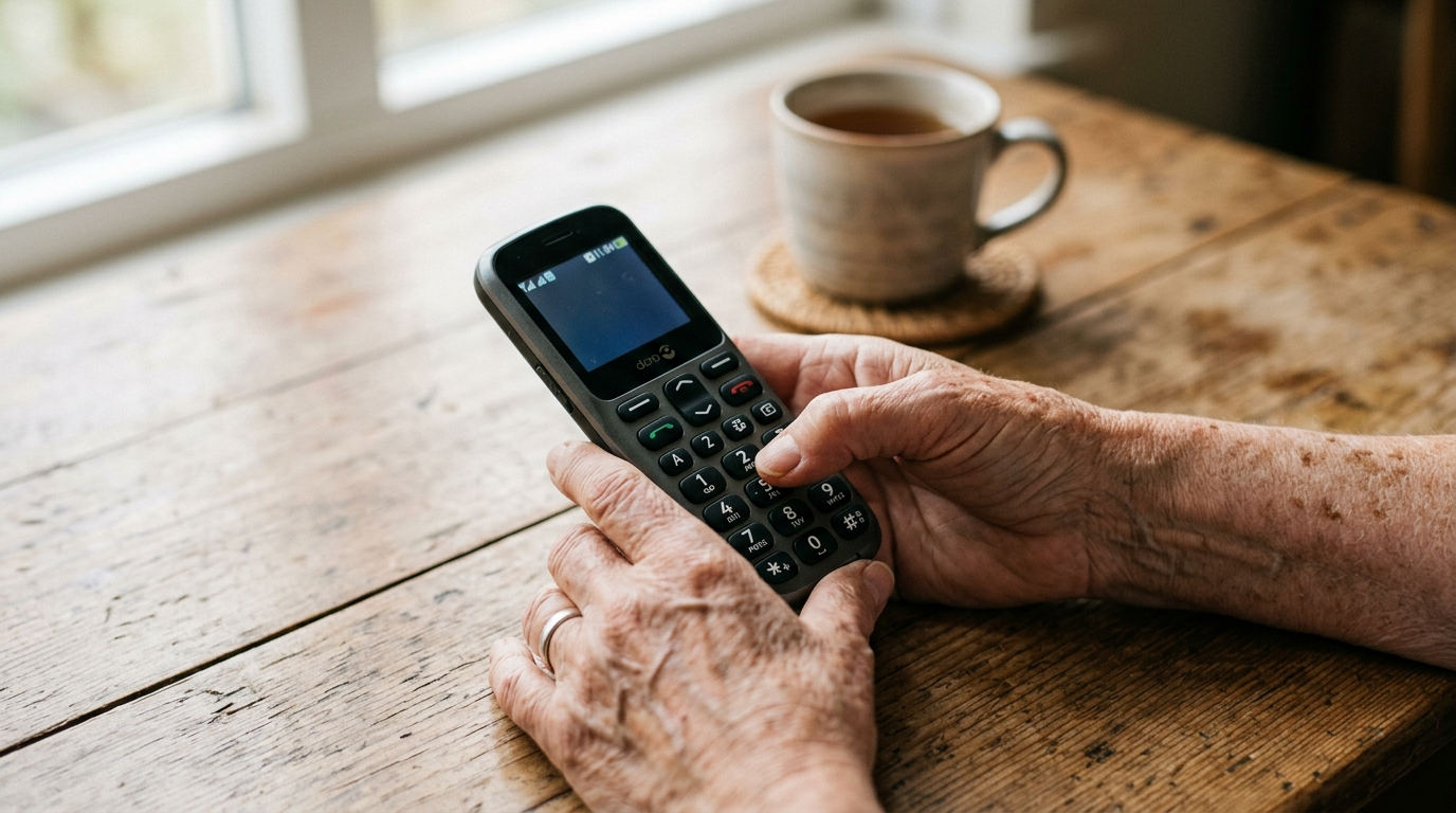 An older person's hands holding a large button mobile phone on a wooden table.