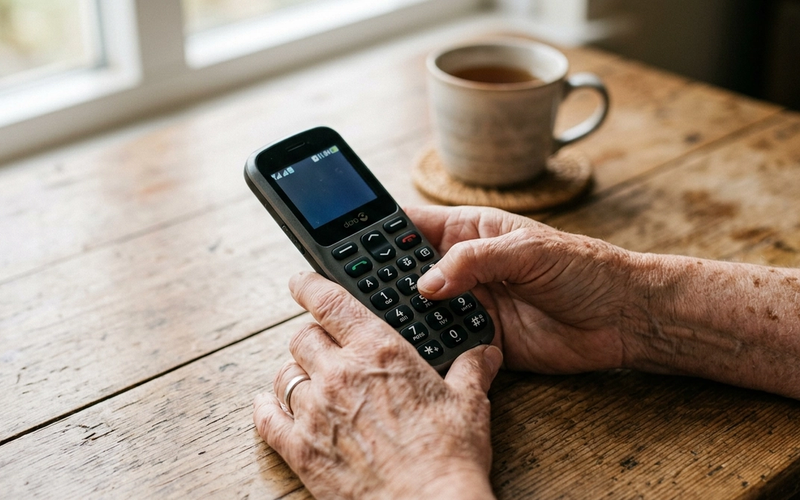 An older person's hands holding a large button mobile phone on a wooden table.