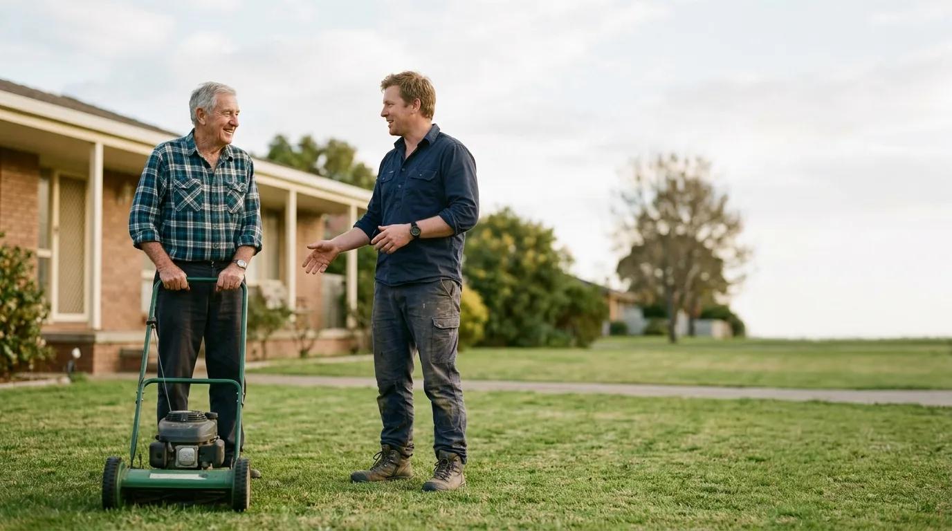 An older man standing with a push mower on his front lawn, talking with a lawn care worker.