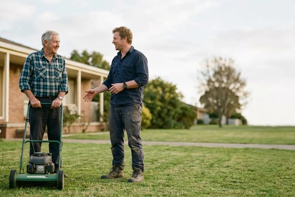 An older man standing with a push mower on his front lawn, talking with a lawn care worker.