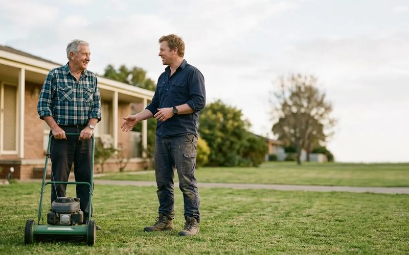 An older man standing with a push mower on his front lawn, talking with a lawn care worker.