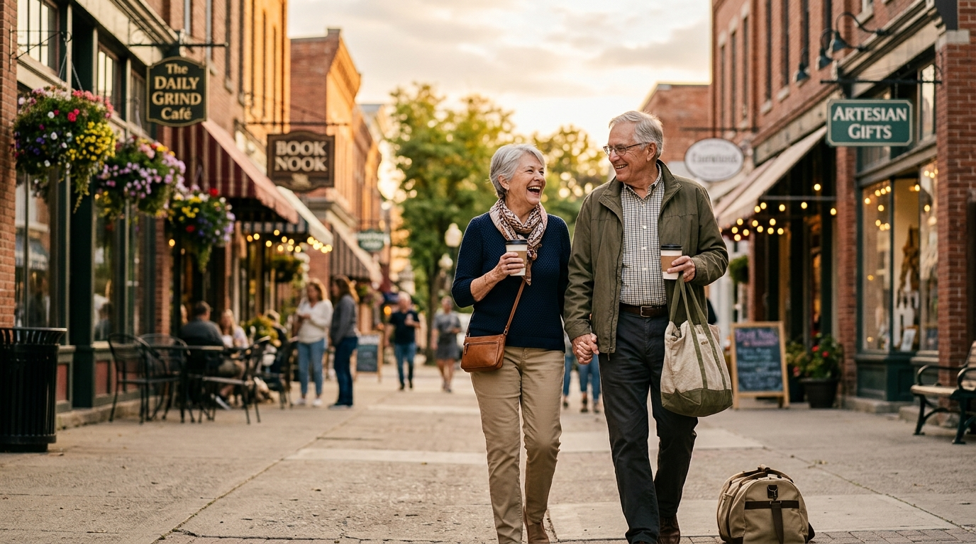 A smiling older couple on a weekend getaway, walking a small-town main street with coffee and a day bag at golden hour.