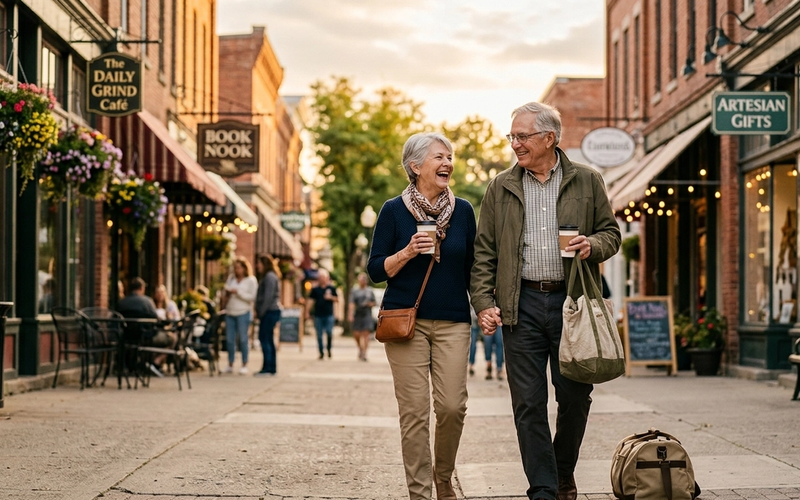 A smiling older couple on a weekend getaway, walking a small-town main street with coffee and a day bag at golden hour.