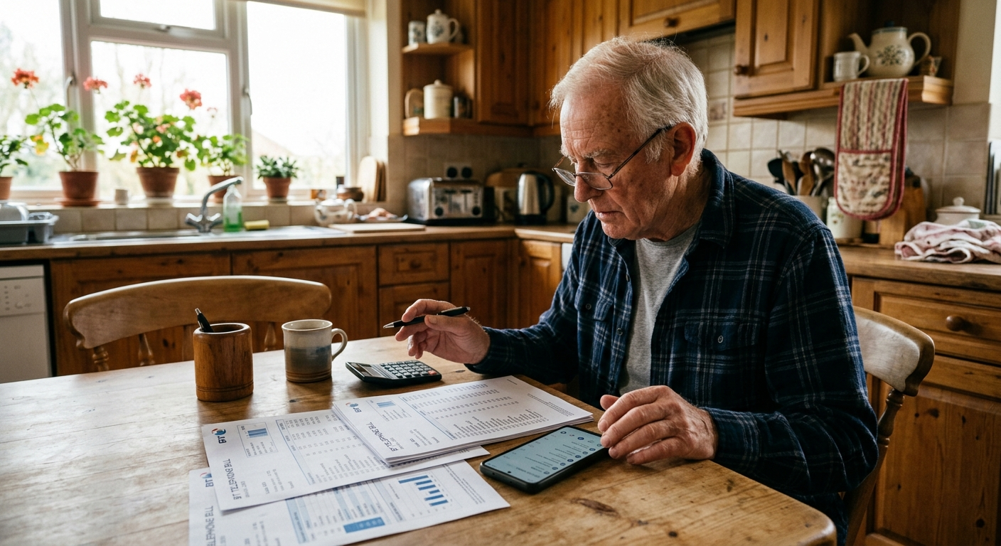 An older man at a kitchen table comparing printed phone bills beside a smartphone.