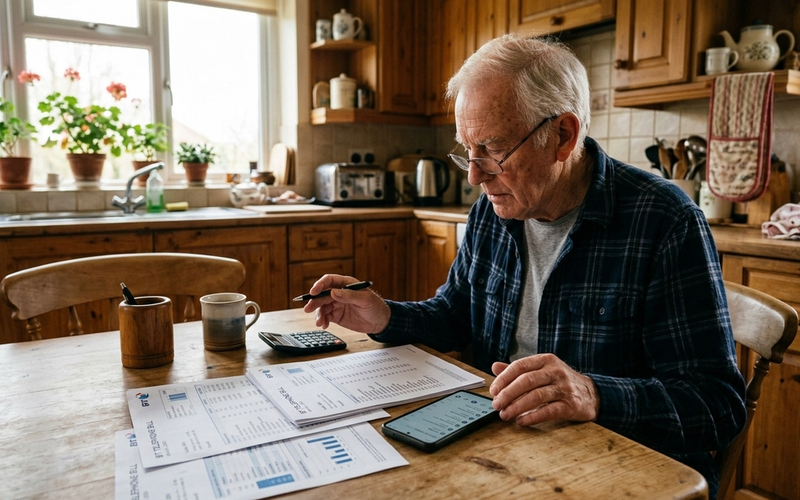 An older man at a kitchen table comparing printed phone bills beside a smartphone.