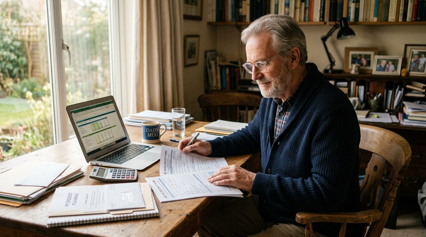 A man in his sixties at a desk at home reviewing Social Security paperwork with a laptop and calculator.
