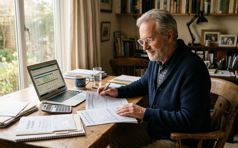 A man in his sixties at a desk at home reviewing Social Security paperwork with a laptop and calculator.