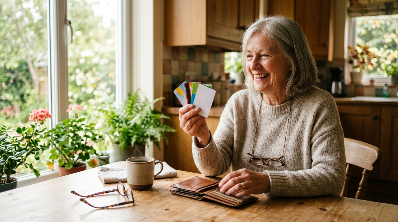 An older woman at a sunny kitchen table fanning out a few membership and loyalty cards from her wallet beside a cup of coffee.