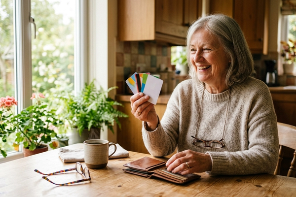 An older woman at a sunny kitchen table fanning out a few membership and loyalty cards from her wallet beside a cup of coffee.