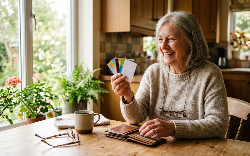 An older woman at a sunny kitchen table fanning out a few membership and loyalty cards from her wallet beside a cup of coffee.