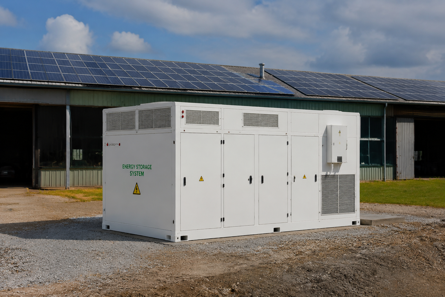 Armoire de stockage batterie installée à l'extérieur d'un site agricole français